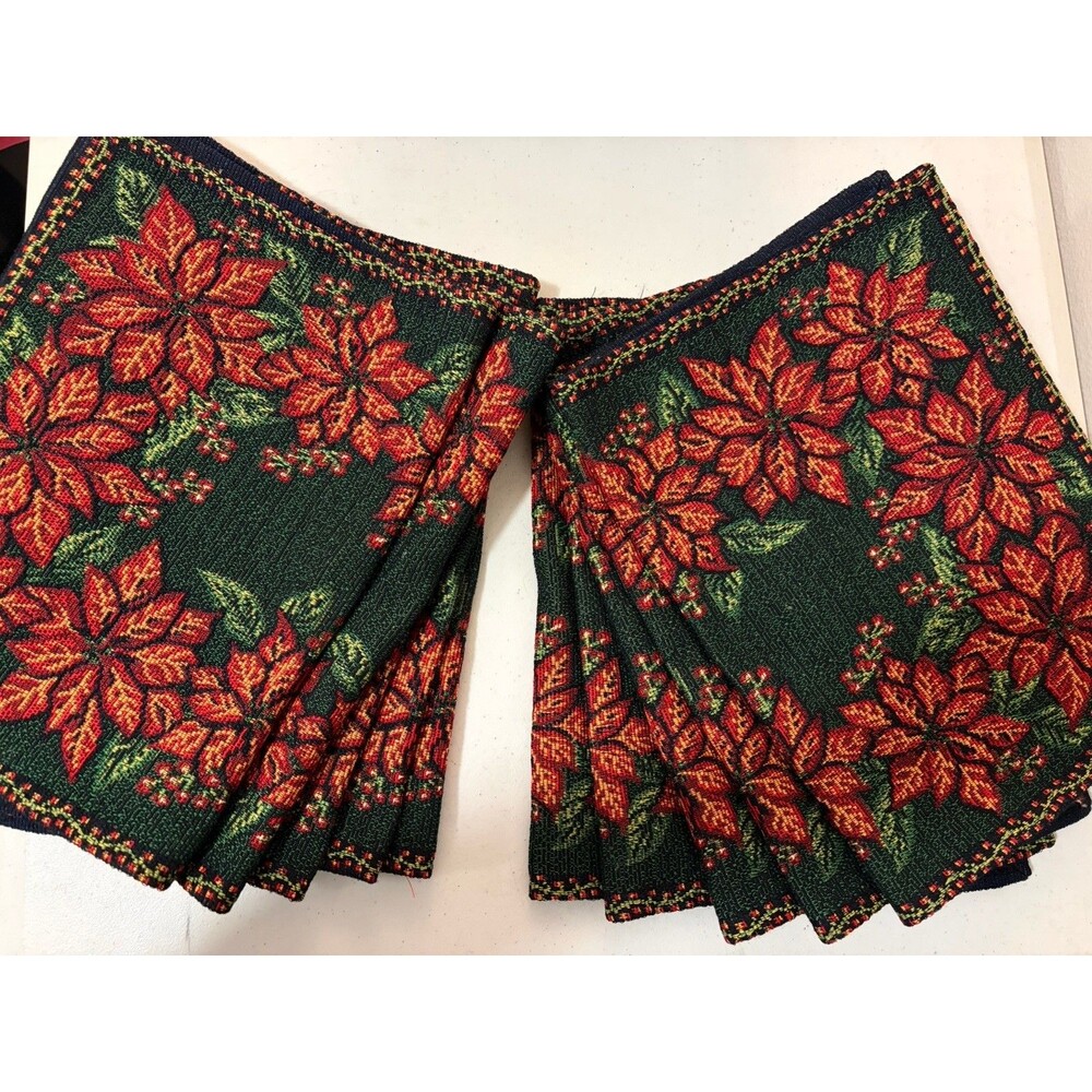 Christmas Tapestry Placemats  Set Of 10 - Poinsettia Flowers Red Green Holiday